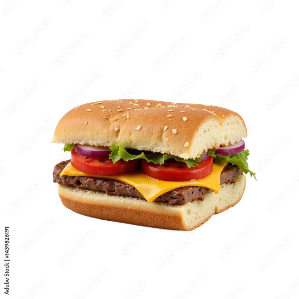 A delicious cheeseburger with lettuce, tomato, and onion on a sesame seed bun. A delicious cheeseburger with lettuce, tomato, and onion on a sesame seed bun.