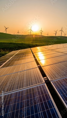 Futuristic Renewable Energy Landscape at Sunset, Photorealistic, AI Generated
