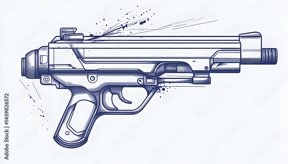 A detailed linear illustration of a futuristic looking handgun weapon