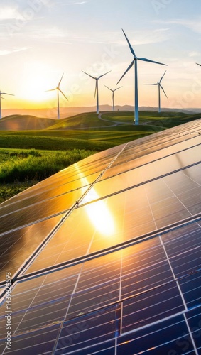 Futuristic Renewable Energy Landscape at Sunset, Photorealistic, AI Generated