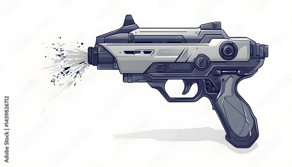 An illustrated futuristic weapon firing a dark ink projectile