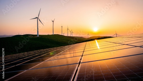 Futuristic Renewable Energy Landscape at Sunset, Photorealistic, AI Generated