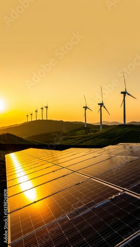 Futuristic Renewable Energy Landscape at Sunset, Photorealistic, AI Generated