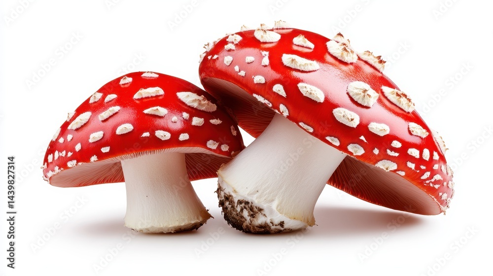 Obraz premium A delightful pose of two perfectly formed red mushrooms showcases rich color and whimsical texture on a clean white background, creating an appealing and eye-catching image.