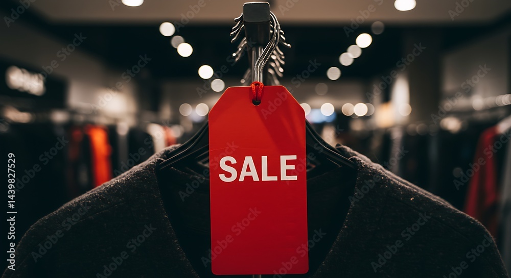 bold red sale tag hanging on a clothing rack, inviting shoppers to explore discounted apparel in a bustling store.