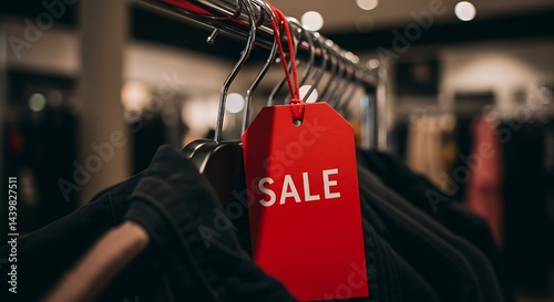 Obraz na płótnie bold red sale tag hanging on a clothing rack, inviting shoppers to explore discounted apparel in a bustling store. w salonie