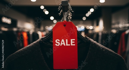 Obraz na płótnie bold red sale tag hanging on a clothing rack, inviting shoppers to explore discounted apparel in a bustling store. w salonie