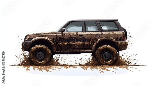 A dirty off road vehicle splashing through some muddy terrain
