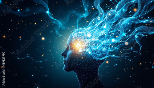 Mindscape: An artistic depiction of the mind, where streams of light and energy emanate from the silhouette of a person's head, expressing the expansive nature of thought.