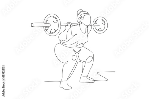 Fat woman lifting barbell. Overweight woman fitness concept one-line drawing