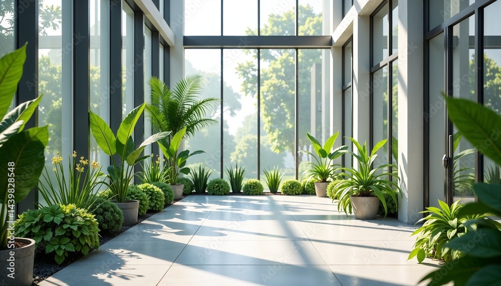 Fototapeta premium Modern indoor garden with lush plants in bright sunlight 
