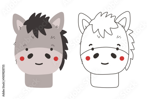 Cute donkey animal isolated, cute farm animal coloring, kids illustration, cartoon