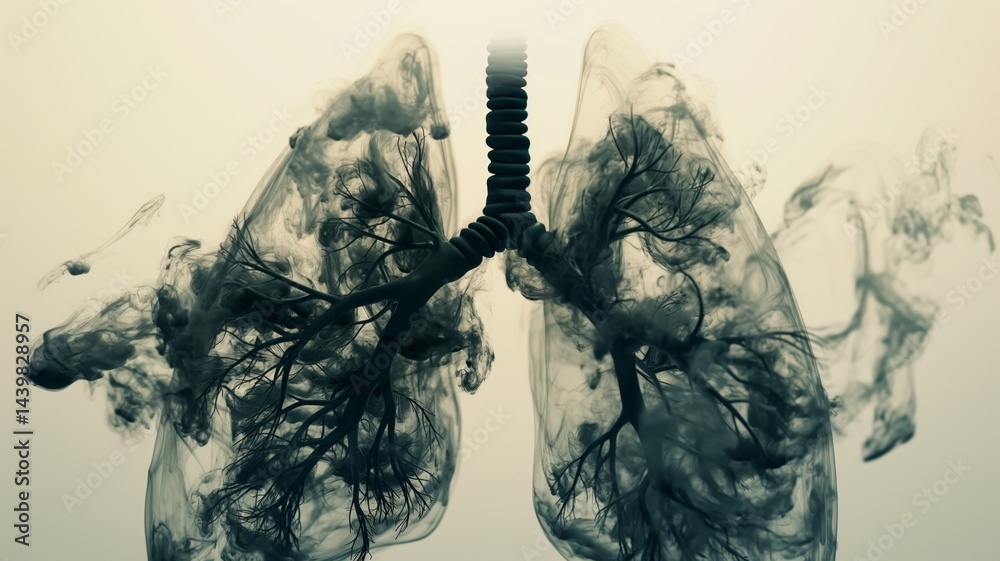 Impact of air pollution on human health illustrated through abstract lungs and toxic smoke
