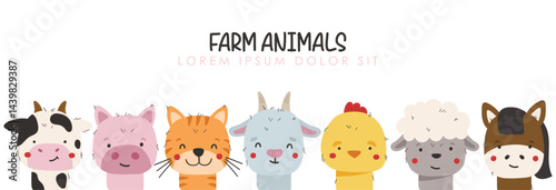 Farm animals set isolated, cute farm animals, kids cartoon collection, banner