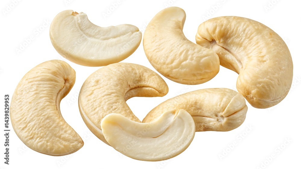 close-up shot of unprocessed cashew nuts, highlighting their smooth surfaces and earthy tones in rich detail.