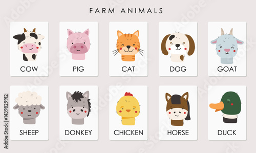 Farm animals set isolated, cute farm animals, kids cartoon collection, educational cards