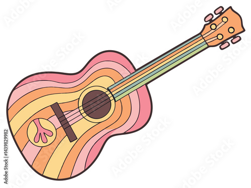 Retro Wavy Guitar Illustration with Heart and Flower, Colorful Design