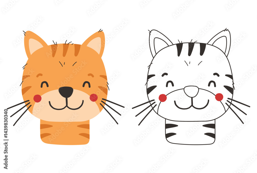 Obraz premium Cute cat animal isolated, cute farm animal coloring, kids illustration, cartoon