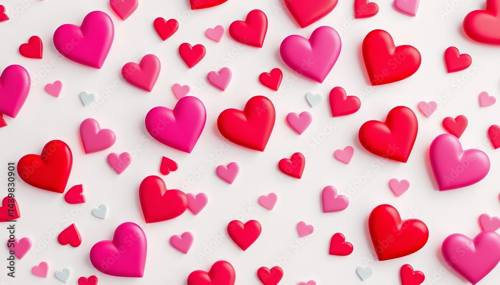 Soft pink and red hearts scattered on white background, creating a delicate, romantic pattern, love background, holiday Soft pink and red hearts scattered on white background, creating a delicate, romantic pattern, love background, holiday