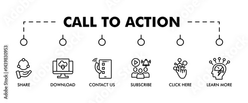 Call to action banner web icon set vector illustration concept with icon of download, share, learn more, watch our video, contact us, subscribe, and click here icons symbol easy to edit