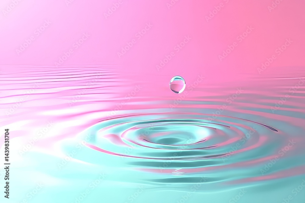 Pastel-toned water droplet impact on a rippled surface.