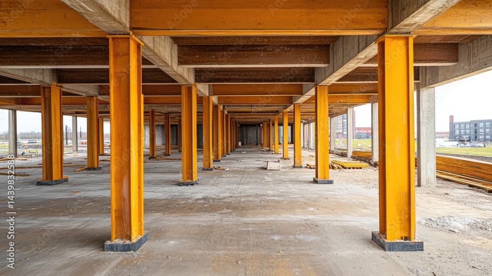 Fototapeta premium Abandoned industrial building skeleton showing exposed beams and joists
