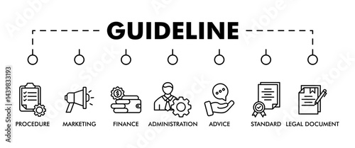 Guideline banner web icon set vector illustration concept with icon of rule, procedure, legal document, standard, administration, advice, finance, marketing