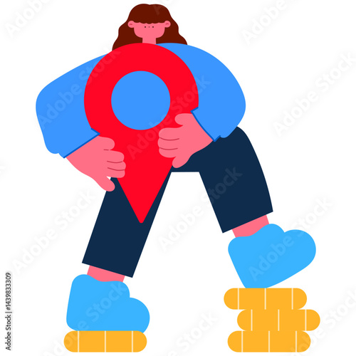 Woman holding a location icon and stepping on stacked coins, representing business expansion and financial growth flat vector illustration