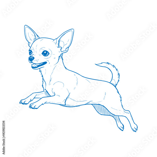 Blue ink hand drawn minimalist illustration of a Chihuahua dog standing in profile view vintage style sketch perfect for pet themed projects dog lover merchandise and animal art decor

