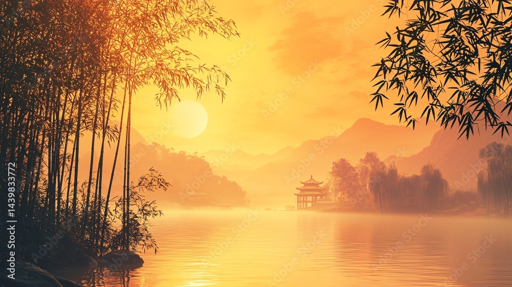 Naklejka premium Landscape paintings on the golden lake