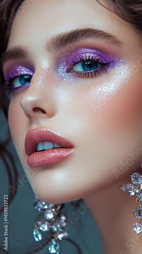 Makeup with purple and blue eyeshadows and pink. Model with makeup.