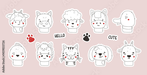 Farm outline animals set isolated, cute farm animals, kids cartoon collection, stickers