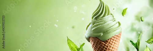 
Matcha soft-serve ice cream in a cone, against a green background. Hyper-realistic, product photography style