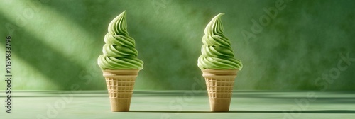 
Matcha soft-serve ice cream in a cone, against a green background. Hyper-realistic, product photography style