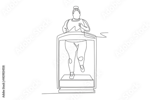 Fat woman running on treadmill. Overweight woman fitness concept one-line drawing