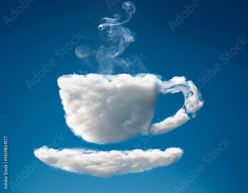 Creative cloud formation resembling a steaming cup of coffee against a clear blue sky on a sunny day
