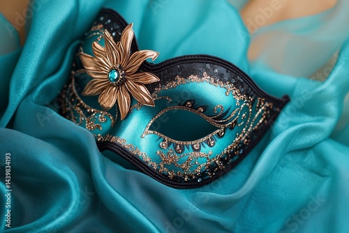 Quinceanera invitation with mask design, in turquoise and black colors, elegant party, party-style mask design.

