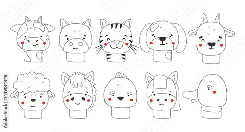 Farm outline animals set isolated, cute farm animals, kids cartoon collection