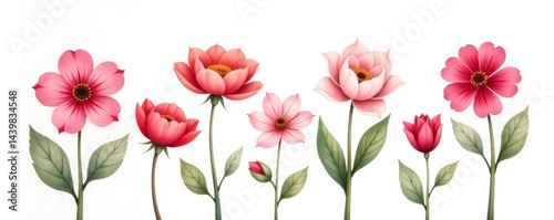 Set of hand-painted romantic flowers in soft colors on white background, summer, bloom, watercolor