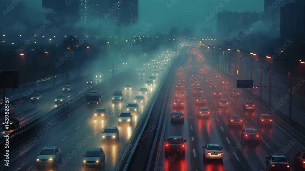 Heavy traffic under foggy conditions reveals urban air pollution challenges in a metropolitan area