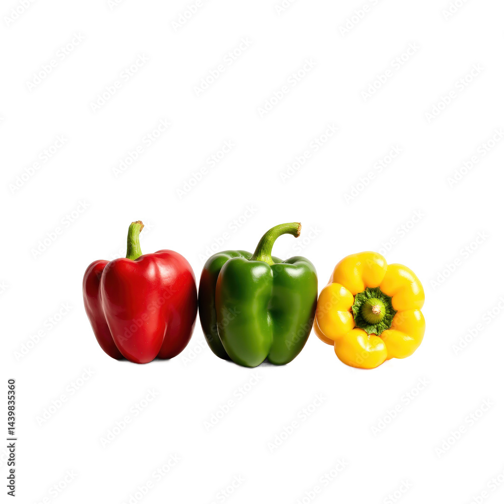 Three vibrant bell peppers in red, green, and yellow, isolated on a transparent background. Three vibrant bell peppers in red, green, and yellow, isolated on a transparent background.