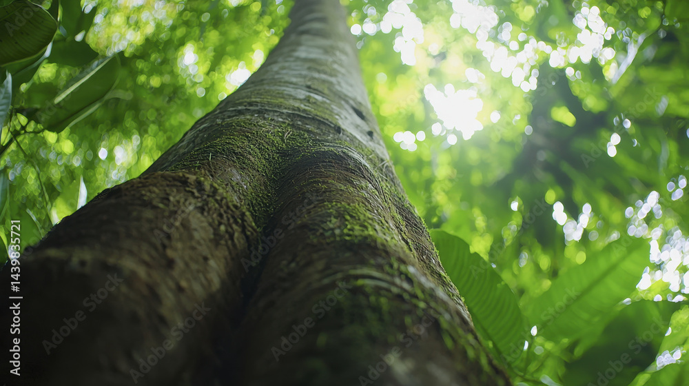 Fototapeta premium towering kapok tree rises majestically, surrounded by vibrant green foliage, creating serene and tranquil atmosphere