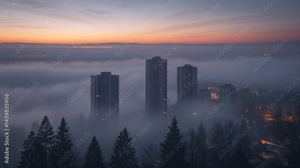 Urban skyline shrouded in pollution and haze during early morning hours in a modern city