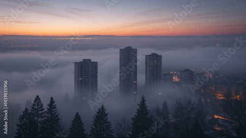 Obraz na płótnie Urban skyline shrouded in pollution and haze during early morning hours in a modern city w salonie