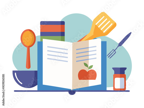 Open Recipe Book with Kitchen Utensils and Ingredients