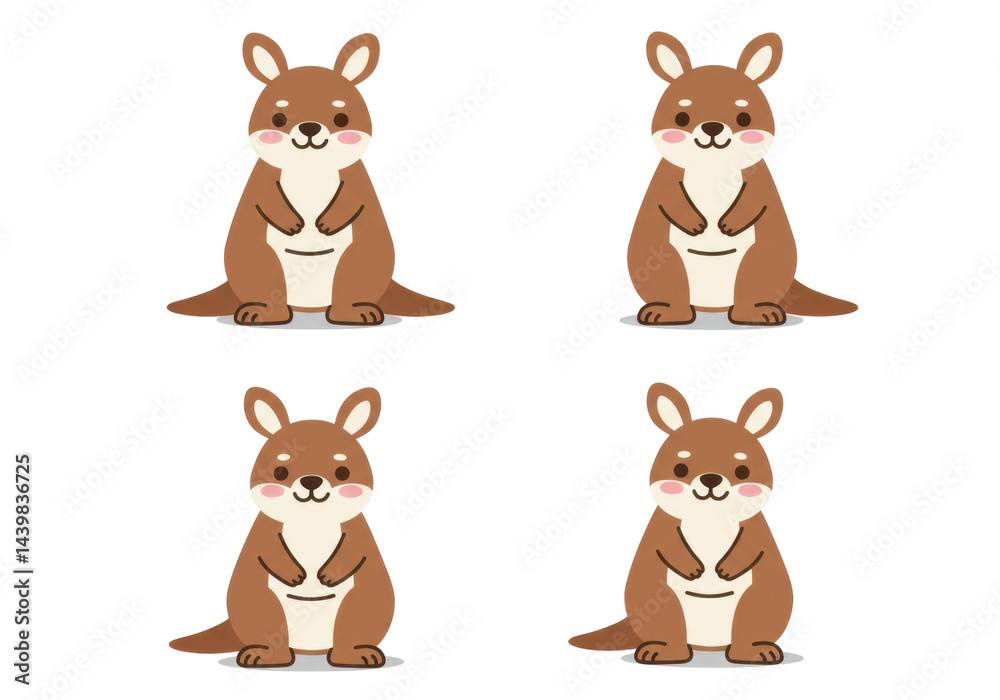 Naklejka premium Four cute cartoon kangaroo illustrations on black background
