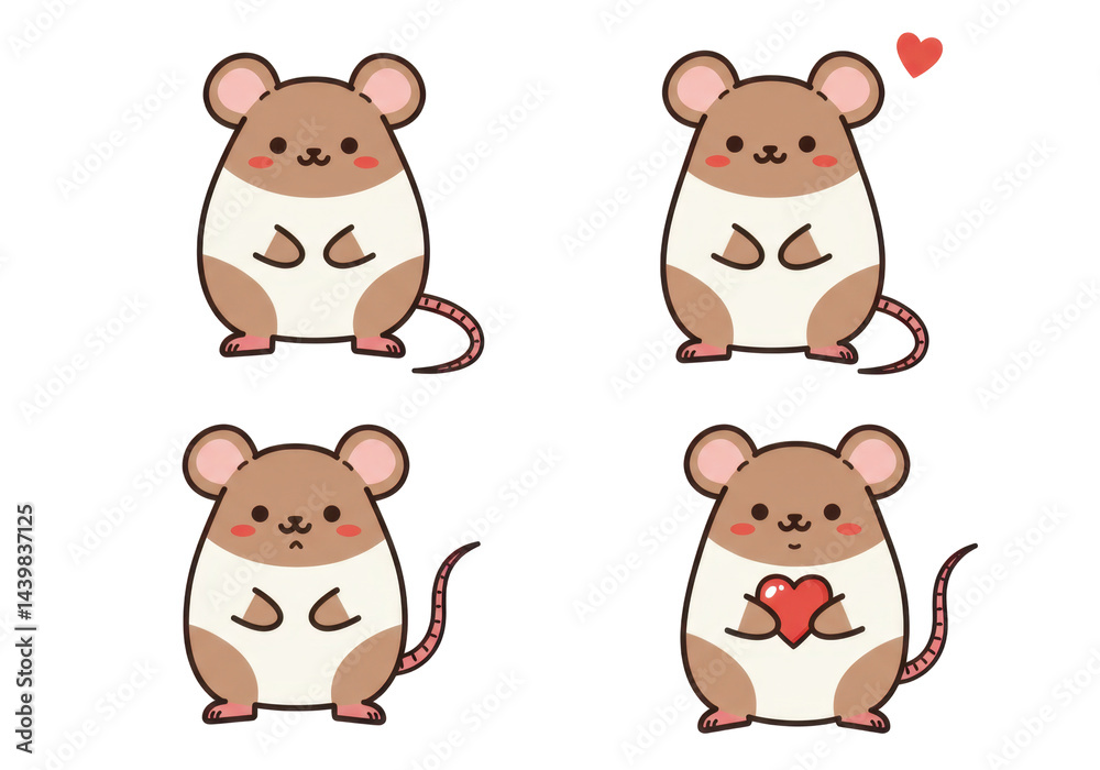Four cute cartoon mice in different poses and expressions against black background Four cute cartoon mice in different poses and expressions against black background