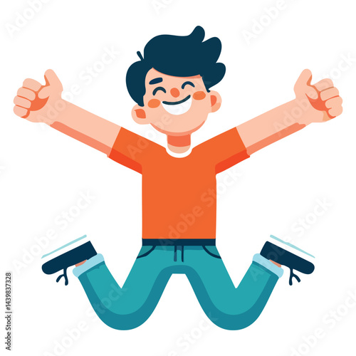 Cheerful Boy Illustration Vector Jumping with Joy and Thumbs Up