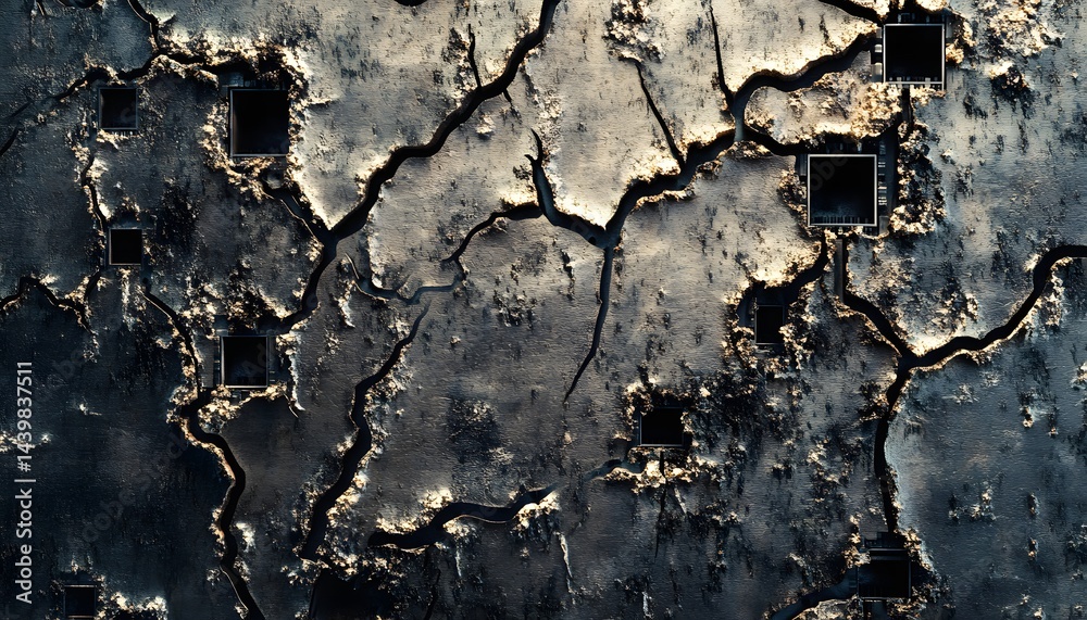 Abstract artwork showing a cracked surface and embedded dark squares