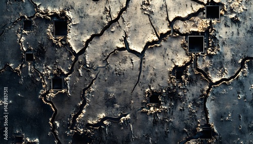 Obraz na płótnie Abstract artwork showing a cracked surface and embedded dark squares w salonie